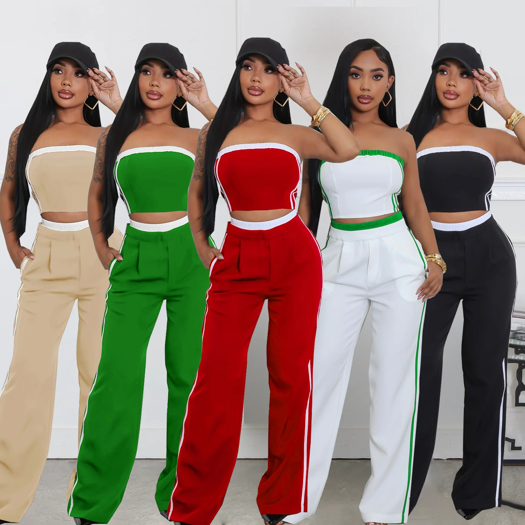 

Модный женский комплект с сексуальным топом без бретелек и широкими свободными брюками на лето 2025 г.