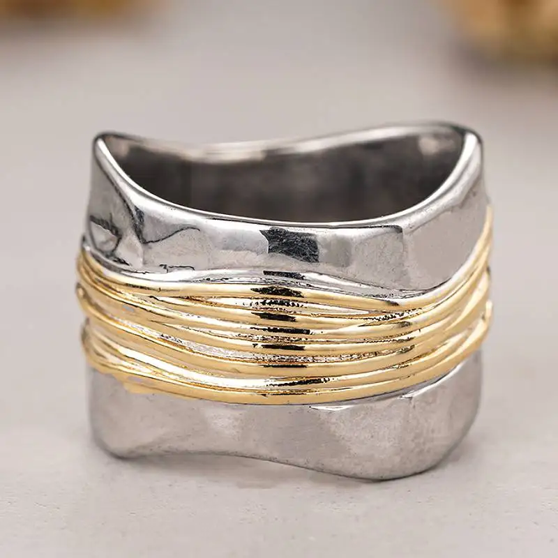 Huitan Einzigartiges Liniendesign für Damen, zweifarbiger Ring, geometrisch geformt, modisch, für Partys, Alltag, Damen-Finger-Accessoires, edler Metallschmuck