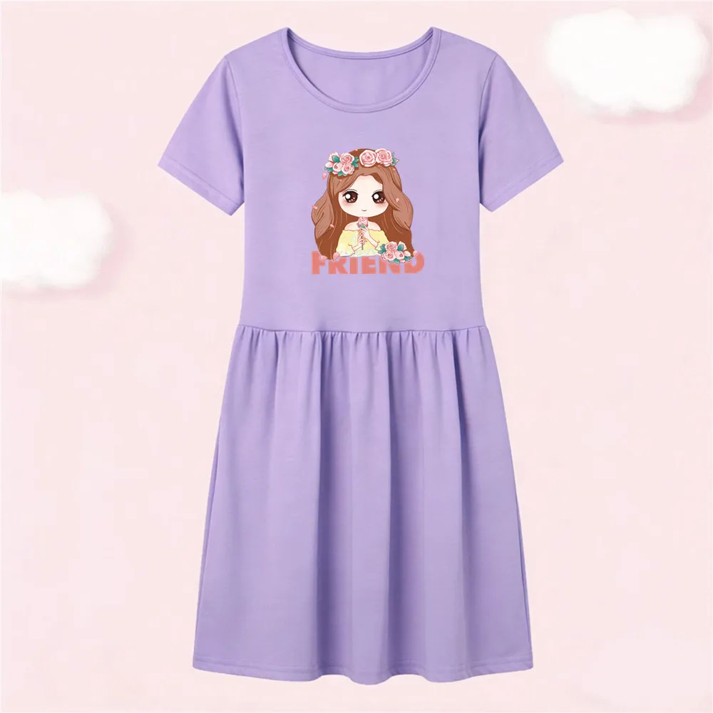 Girls Cotton T-shirt Dress Cartoon Girl Flower Crown Print Round Neck A-line Skirt Kids Summer Casual Dress Pink Lilac