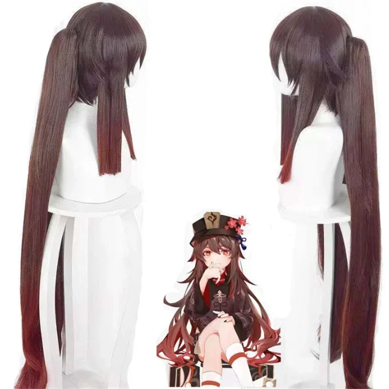 GenshinImpact HuTao Cosplay Pruik Hu Tao 110 cm Lang Bruin Hittebestendige Synthetische Pruik Dubbele Paardenstaart Anime Cosplay Pruik + Pruik Cap