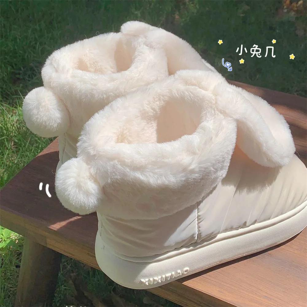 Waterproof short snow boots for autumn winter outer wear new sweet cute rabbit ears piled thickened warm cotton boots for women
