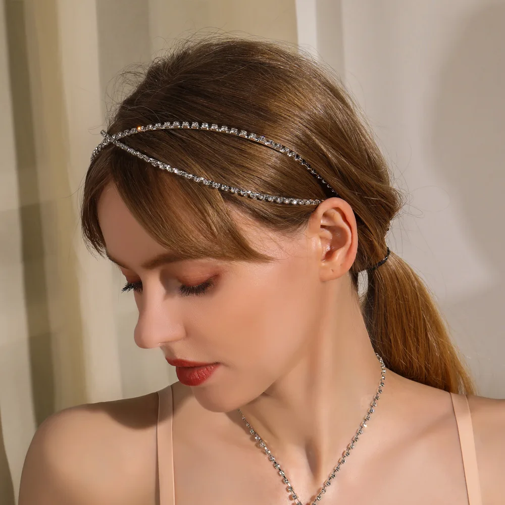 Hollowed-out Cross Rhinestone Headband Women Bride Bohomian Mizhu Fashion Hairband for Bangs Big Wide High Hoop