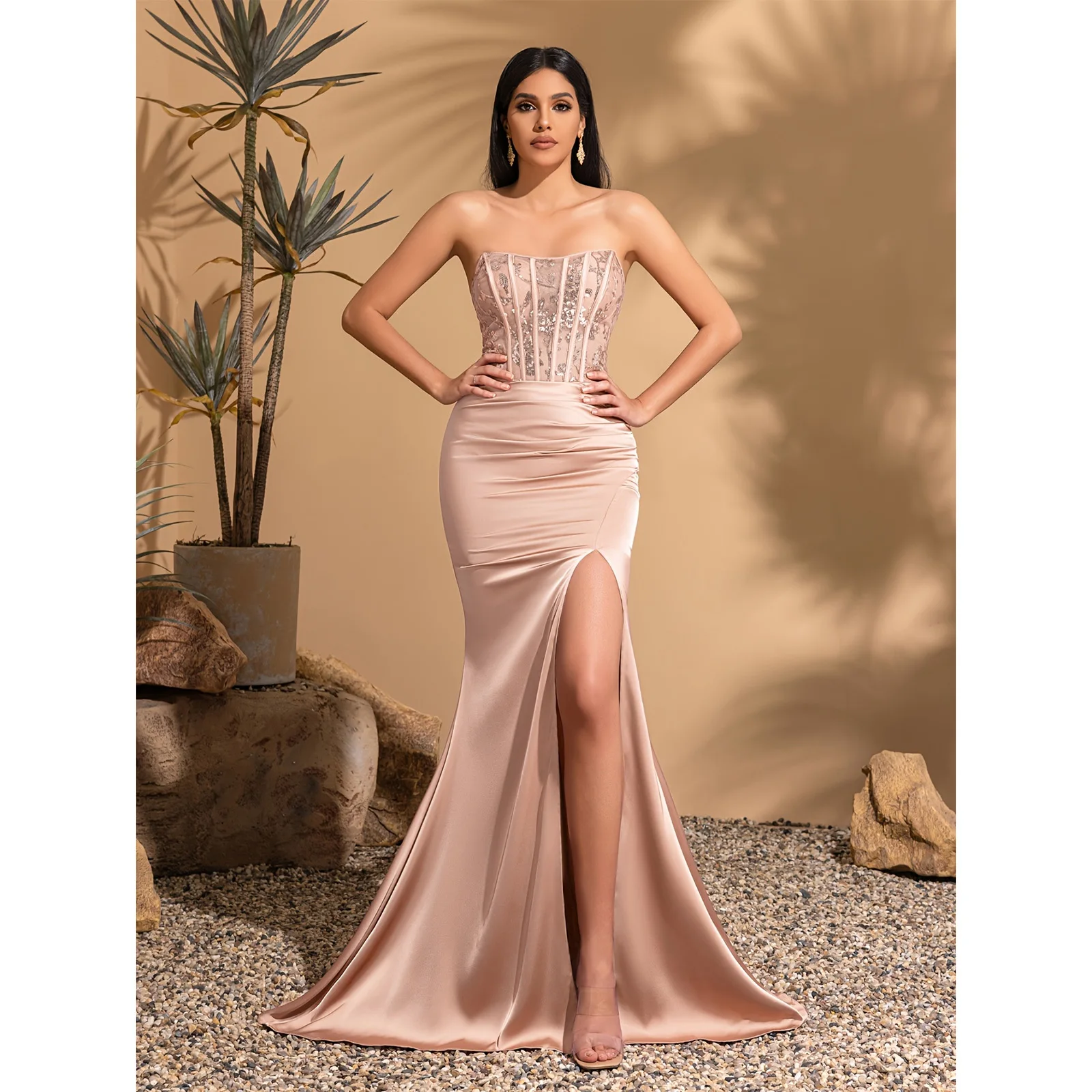 

Strapless fishbone decoration pleated slit satin mermaid dress, elegant and chic dress