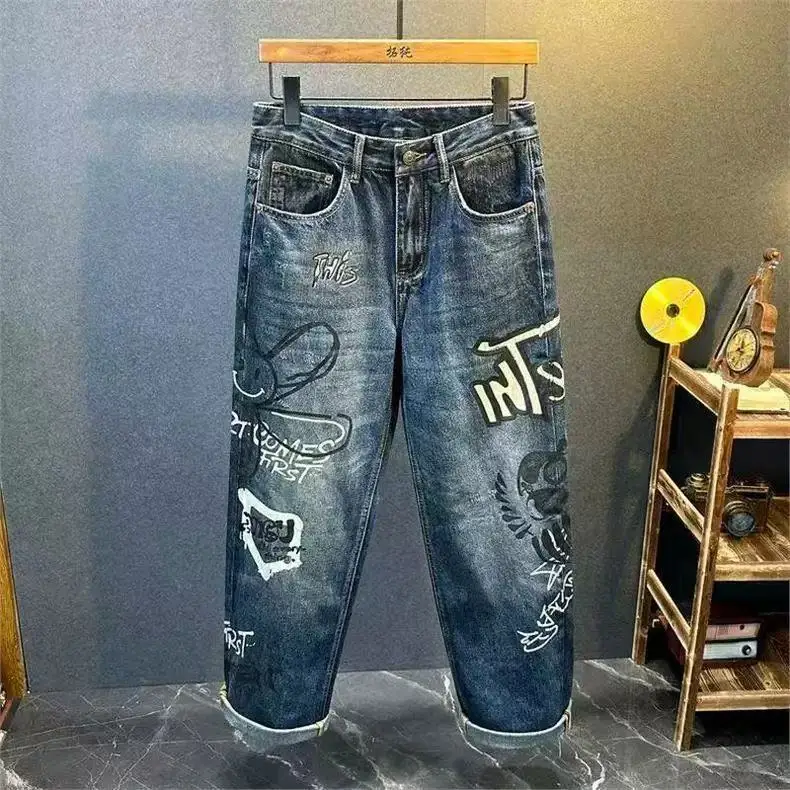 

Retro American fiti Hand-dn Design Men's Jeans Casual Loose All-matching Long Pants Wide-leg Trousers for Men