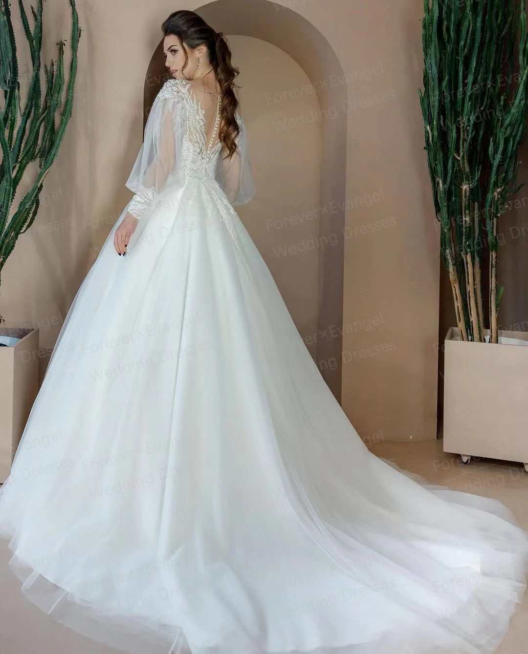 Elegant Appliques Wedding Dresses Woman's A Line Sexy Appliques Bride Gowns Backless Long Sleeve Formal Customized Vestido Noche