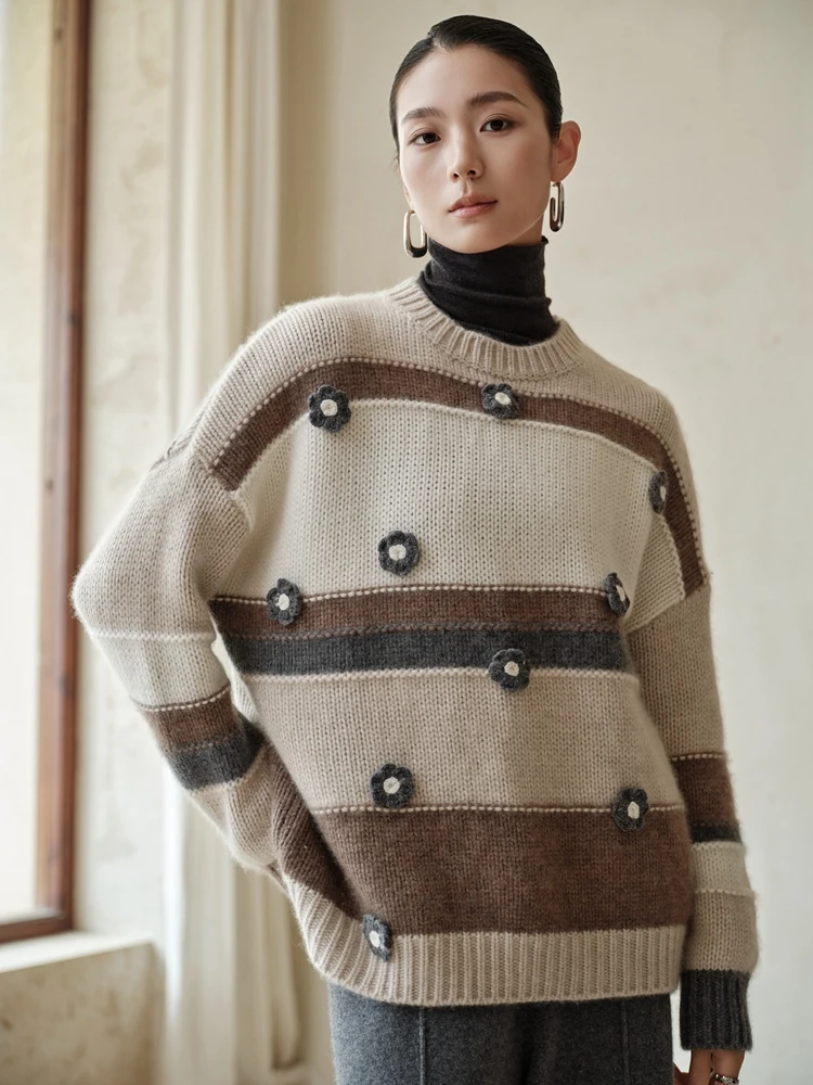 

TLOML Heavy Duty Hand Embroider Women 100% Cashmere Sweater O-neck Color Block Pullover knitwear Autumn Winter Thick Loose Tops