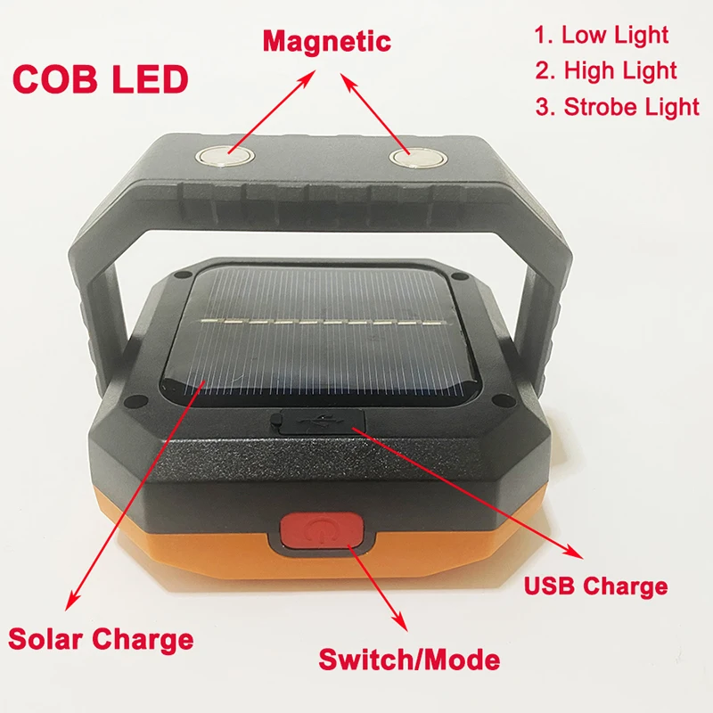 Solar LED Work Light Emergency Camping Lamp USB Charging Portable Magnetic COB Outdoor Waterproof Highlight Strobe Wide Angle