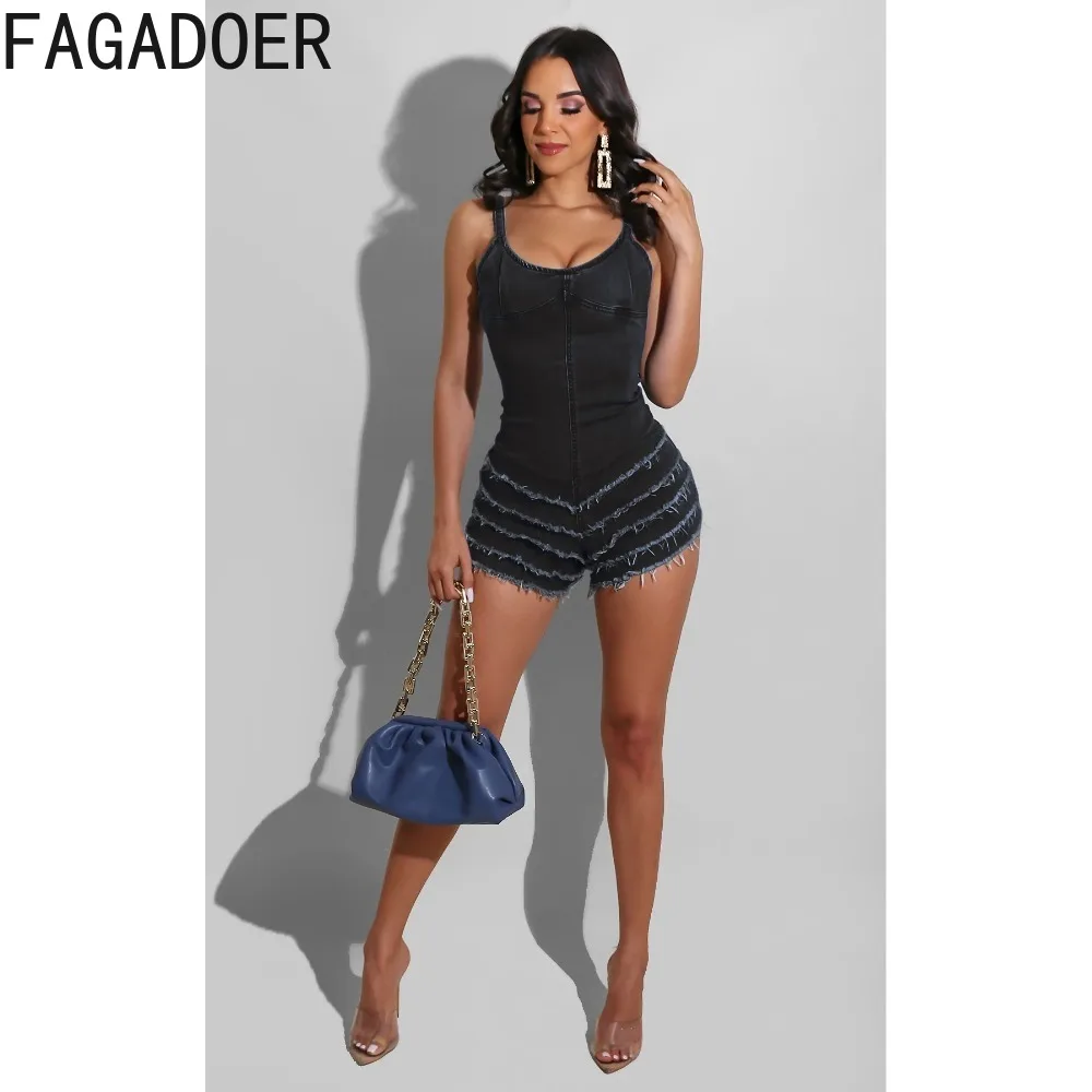 FAGADOER Sexy Pleated Denim Bodycon Rompers Women Thin Strap Sleeveless Round Neck Slim Jumpsuits Fashion Zipper Cowboy Overalls