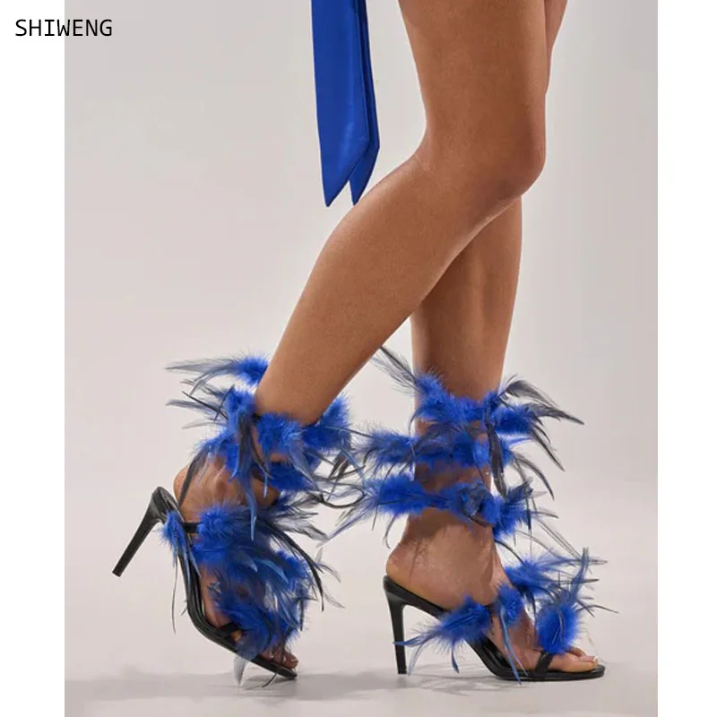 Sandalias de tacón alto con diseño de plumas y pelo sintético para mujer 2026, elegantes y sexys, con punta abierta, para banquetes y fiestas, talla 44