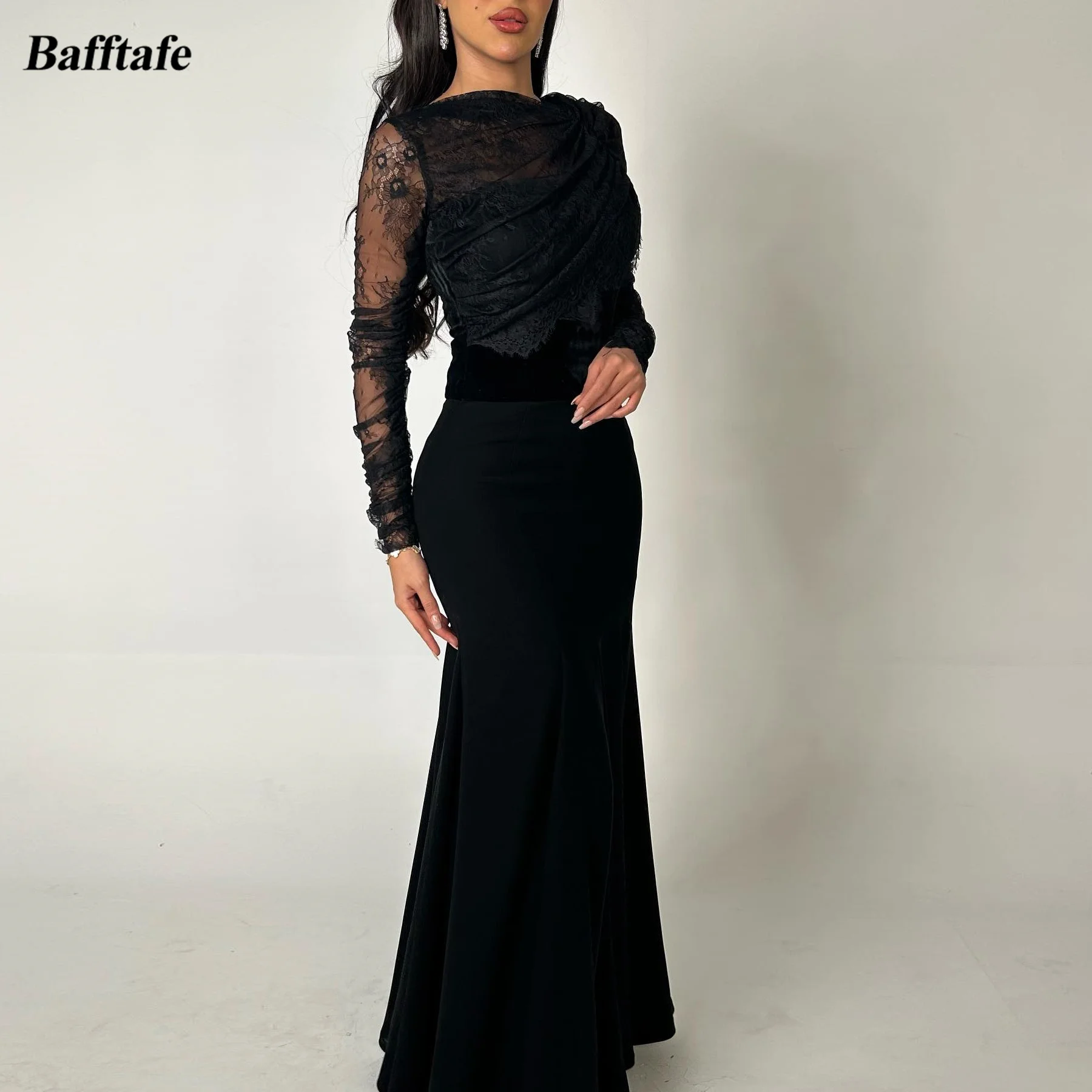 Bafftafe Mermaid Black Evening Dresses Lace Long Sleeves Formal Party Women Dress Matte Satin Velour Fishtail Prom Gowns 2024