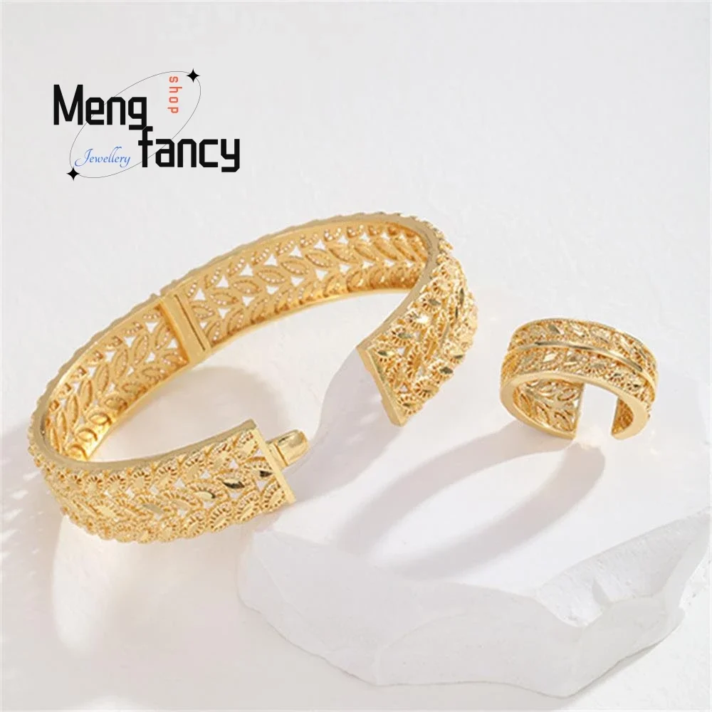 Sand Gold 24K Openwork Bracelet Ring With Wheat Ears Fashion Luxury Charms Fine Jewelry Sets Women Designer Bangle Holiday Gifts