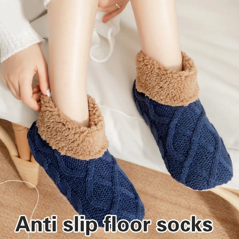 Winter Knitted Ankle Slipper Socks for Women and Men Thick Fleece Lined Soft Nonslip Grip Bottom Soles Warm Floor Socks image 2