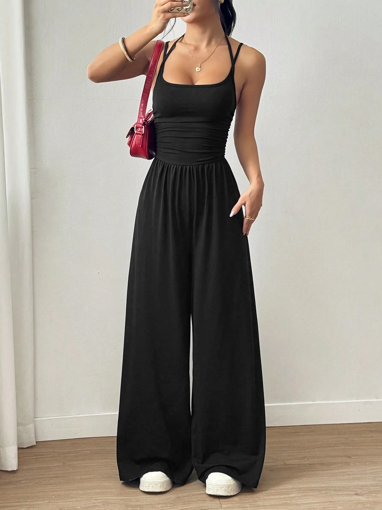 Women's Casual Solid Color Pleating Loose Straight Jumpsuit A-line Backless Halter Neck Slim Cami Jumpsuit Streetwear