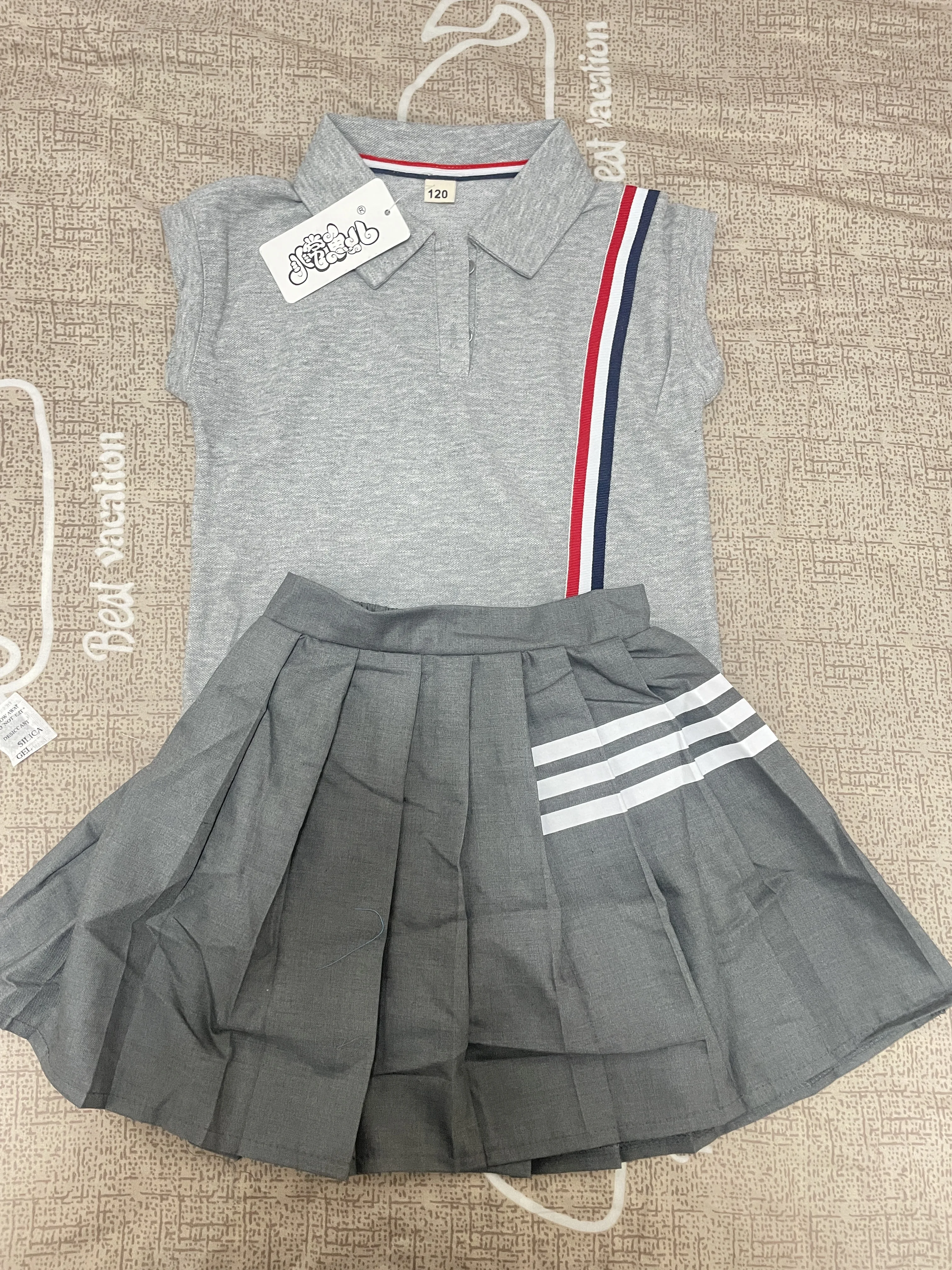 Girls 2024 Summer New Preppy style Polo Collar Striped Bat Shirt Top+Pleated Skirt Two-piece Suit Girls Casual Dresses 10 to 12