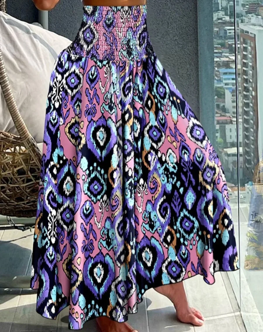 Damen Maxirock mit Smok-Details, hoher Taille und Paisley-Print – Fließender A-Linien-Rock für Strandurlaub und Freizeit – Detail 4