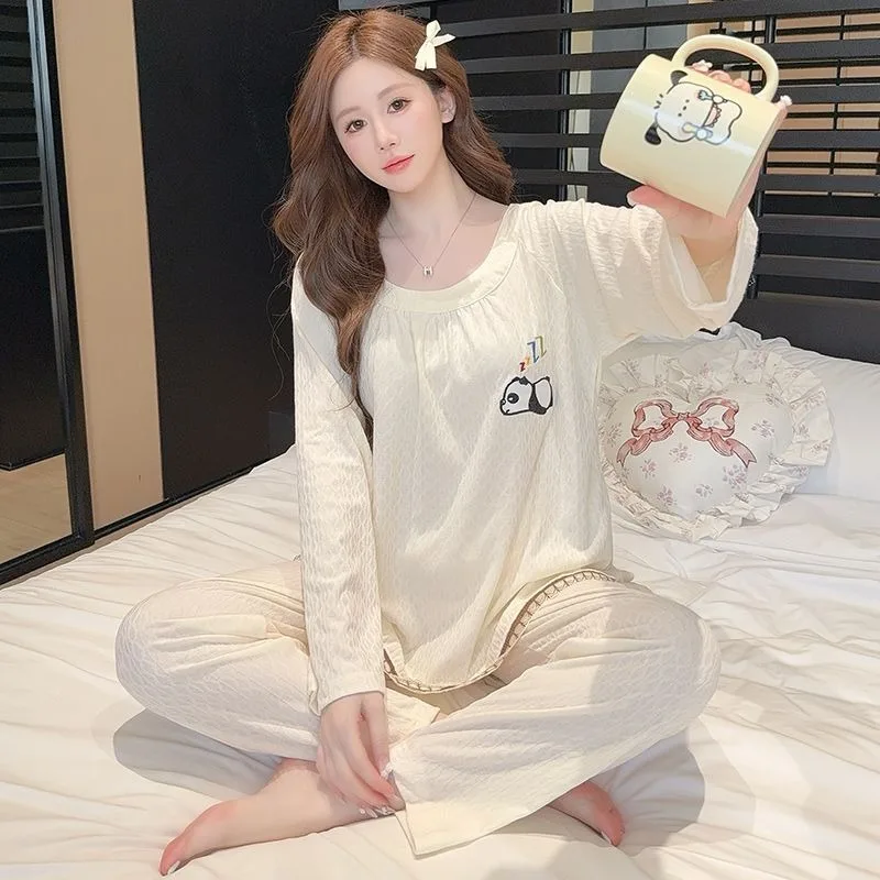 

M-5XL Large Size Autumn Pajamas Set Women's Cotton Long-sleeved Trousers ASleepwear Korean Cartoon Casual Loose Loungewear Set