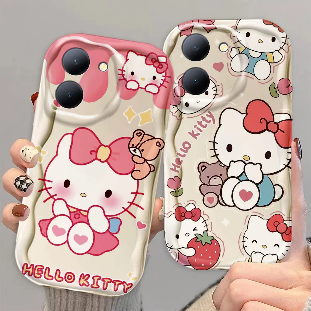 Cute Hello Kitty Kuromi Cat 3D Wave Case For VIVO Y01 Y02S Y03 Y16 Y17 Y19 Y20 Y21 Y21 Y22 Y35 Y50 Y73 Y77 Y78 Y36 Y76 Y100 Case