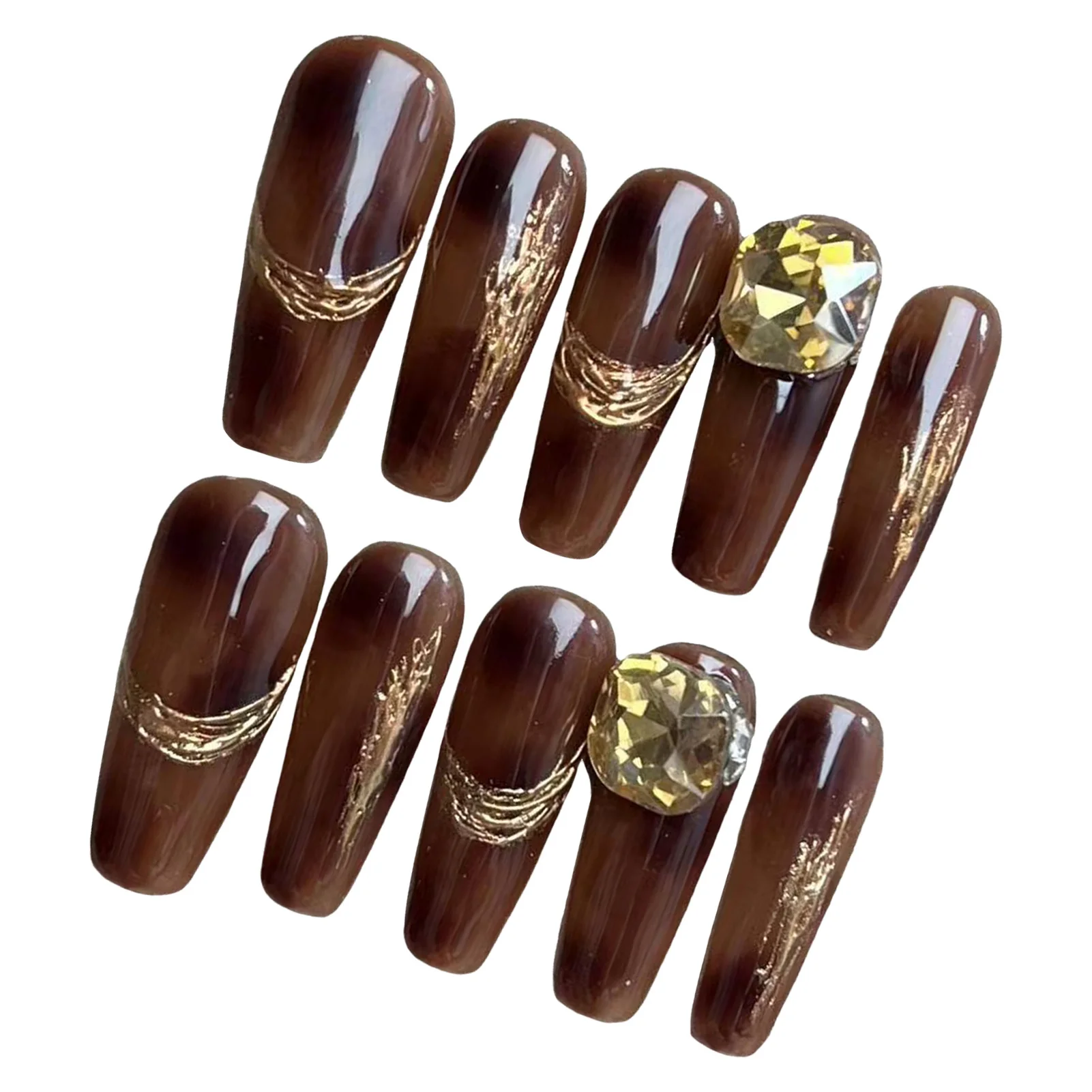 手作りのフェイクネイル,ゴールデンストリップ,光沢のあるブラウン,プレス,ミドル丈の棺,ダイヤモンドデザイン,10個