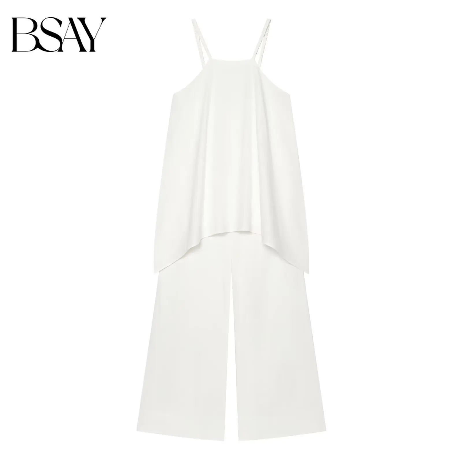 BSAY 2026 Women Braided Strap Halter Neck Jumpsuit Irregular Asymmetrical Hem Wide Leg Sleeveless White Jumpsuit Casual Outfit