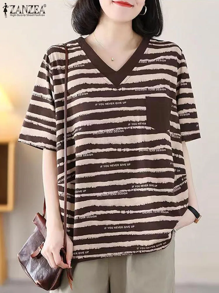 ZANZEA Women Stripes Knitted Blouse Korean Loose V-neck Tops 2024 Summer Daily Short Sleeve T-shirt Holiday Casual Basic Tunics