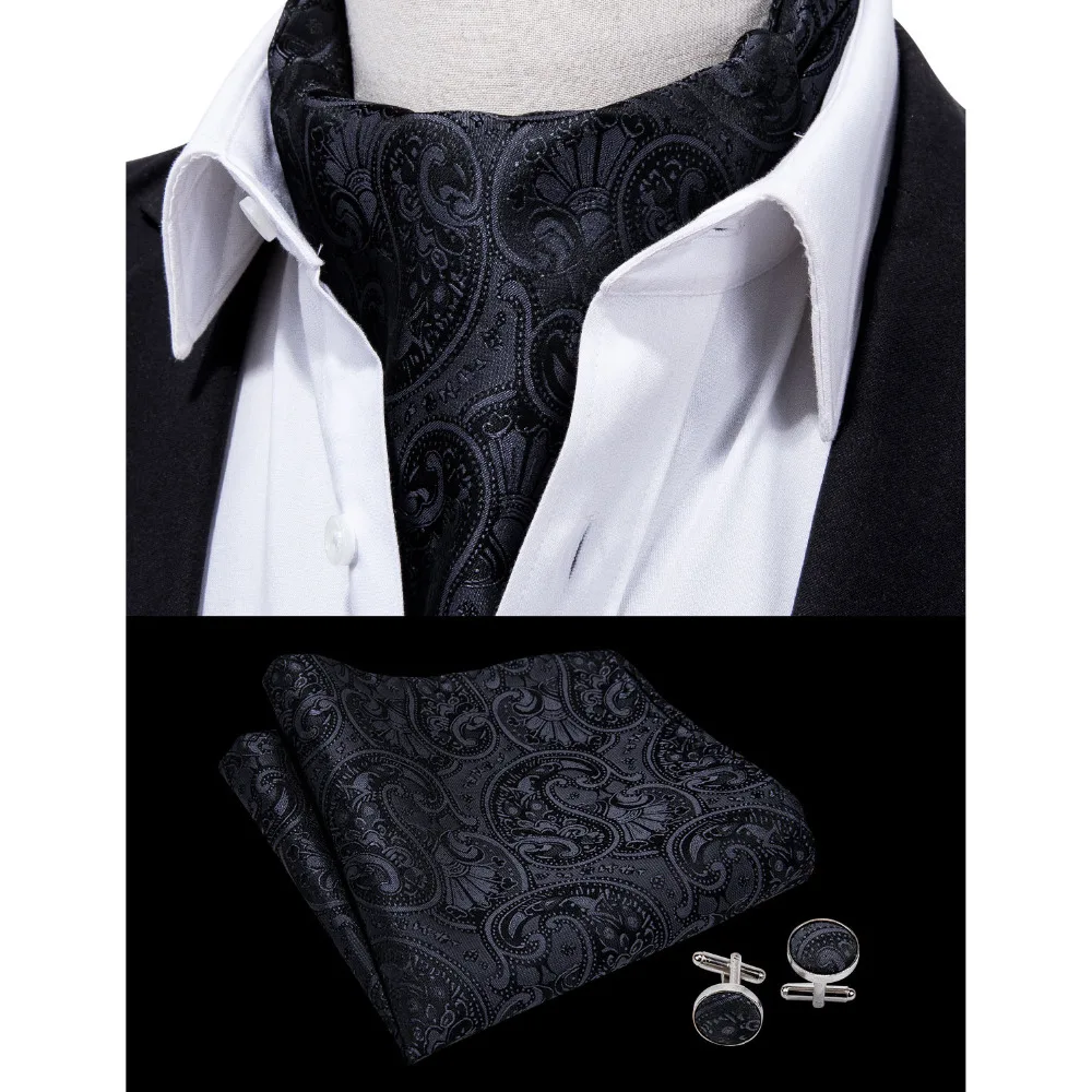 Barry.Wang Fashion Black Men Ascot Paisley style Cravat Tie Scrunch Self British Set For Men Formal Wedding Party LF-0008