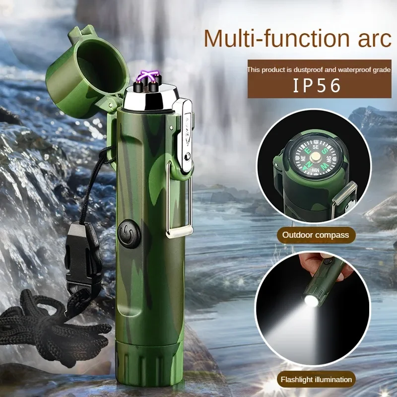 

USB Rechargeable Electric Arc Lighter Outdoor Windproof Cigarette Lighter Flashlight Waterproof Compass Flameless Lighters Gifts