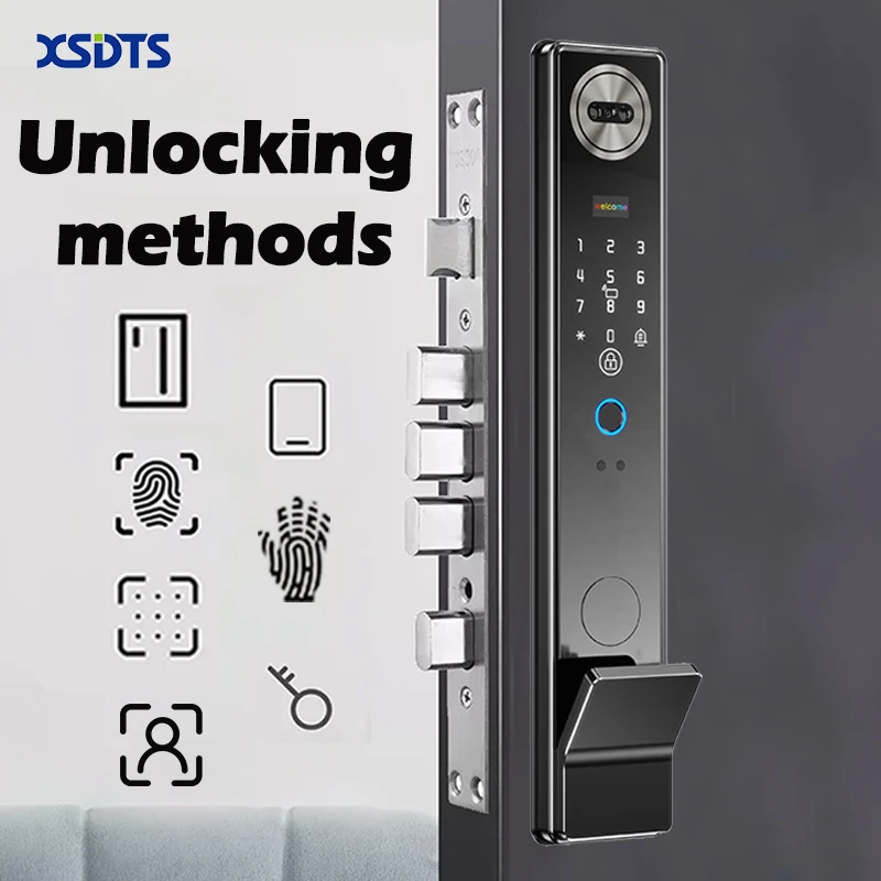 smart lock facial recognition fingerprint password WiFi with graffiti App remote control, anti-theft alarm, wooden home security
