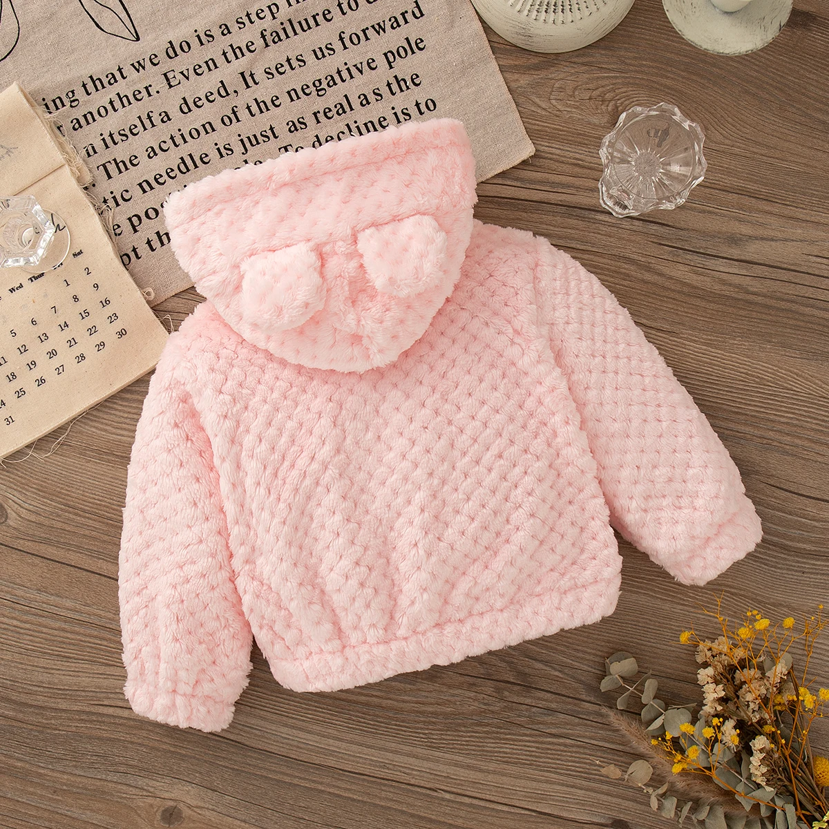 Baby Girl Clothes Winter Bear Ears Pattern Lambswool Thickened Warm Solid Color Simple Girls Coat Hooded Cute Casual Outerwear