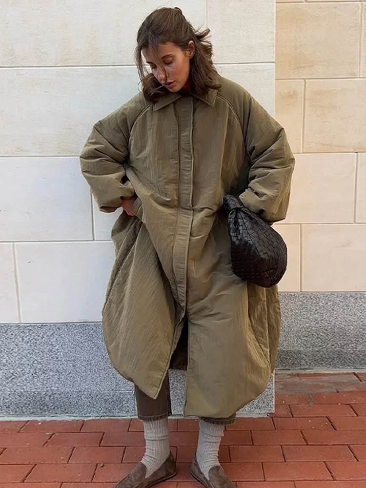 Hh feminino inverno solto turn-down colarinho casacos bolsos sólidos mulher moda botão zíper mangas compridas longo algodão-acolchoado jaqueta