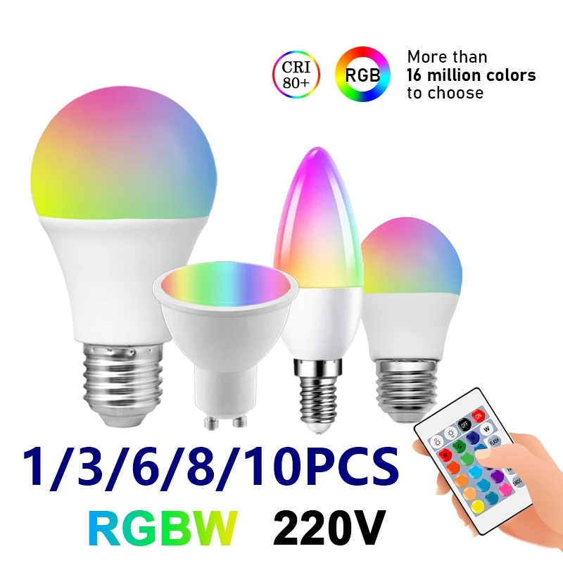 

1-10PCS remote control LED Bulb dimming spotlight RGBW GU10 A60 G45 C37 AC220V 6W 10W 24 key remote control color light 6500K