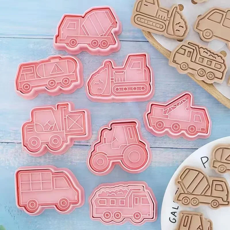 8pcs/set Engineering Truck Cookie Cutters Plastic 3D Cartoon Pressable Biscuit Mold Kids Boy Bulldozer Birthday Party Decoration