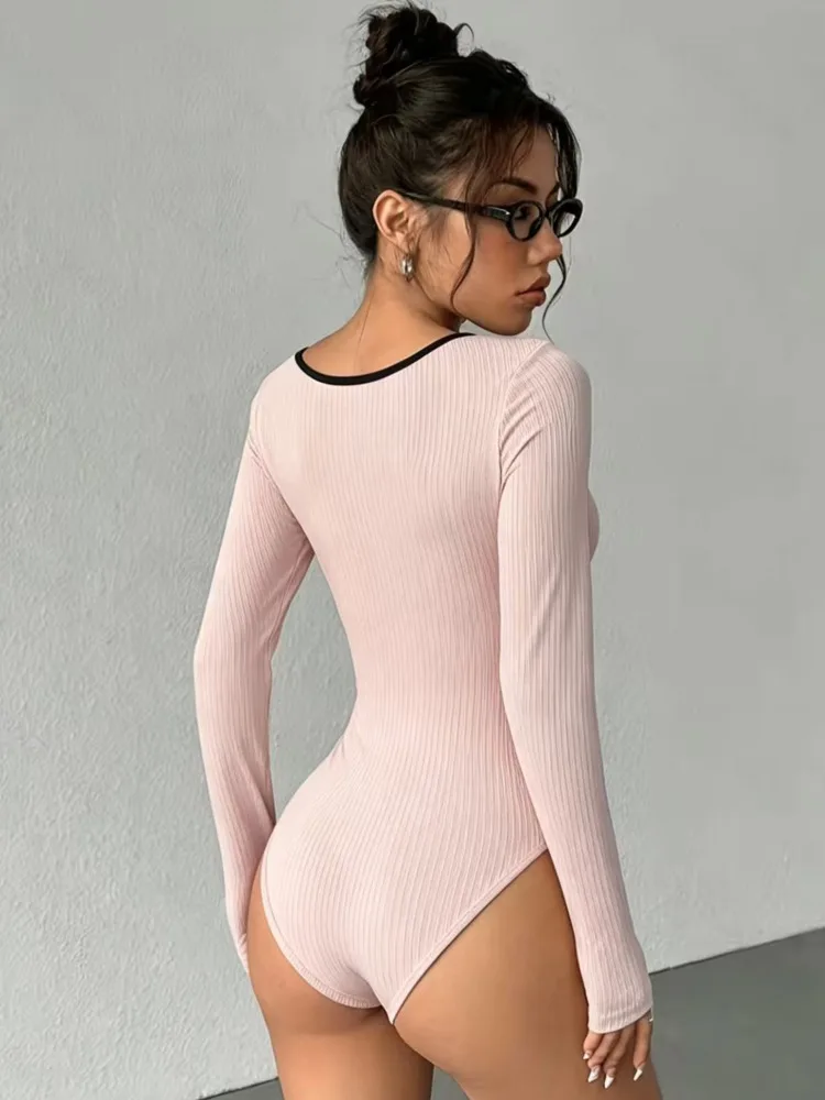 Absobe Women Solid Color Bow Ribbed Bodysuits U Neck Long Sleeve Tight Fit Button Tops Sexy Fashion Streetwear Summer New Outfit view 3