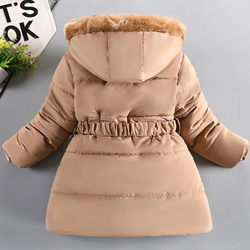 4-12 Years Winter Girls Jacket Fur Collar Warm Princess Coat Hooded Zipper Windproof Kids Outerwear Birthday Gift Parka Snowsuit