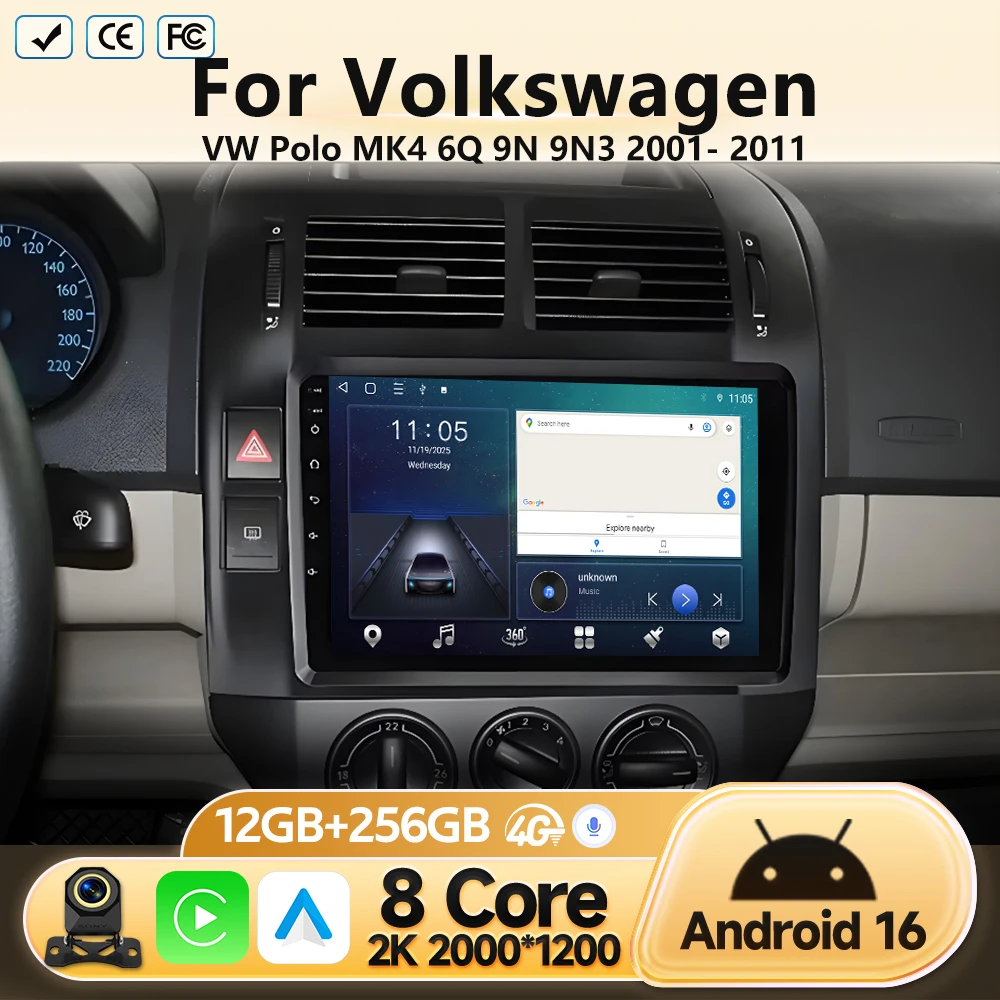 

For Volkswagen VW Polo MK4 6Q 9N 9N3 2001 2002- 2011 Android 16 Car Radio Multimedia Video Player Stereo GPS Navigation No dvd