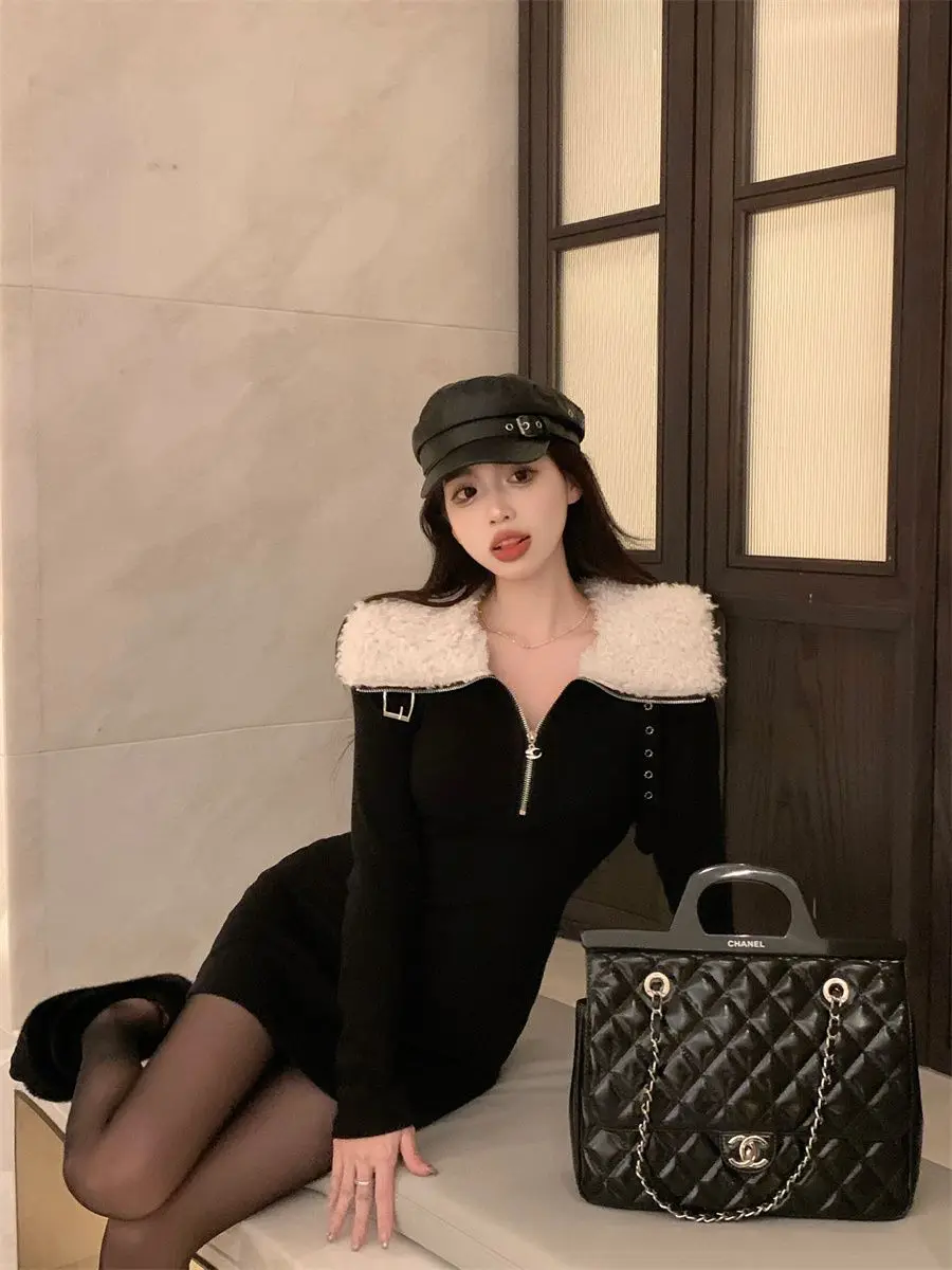 Hepburn Style Fur Collar Half Zip Dress with Feminine Temperament Black Dress Spicy Girl Waist Bag Hip Skirt