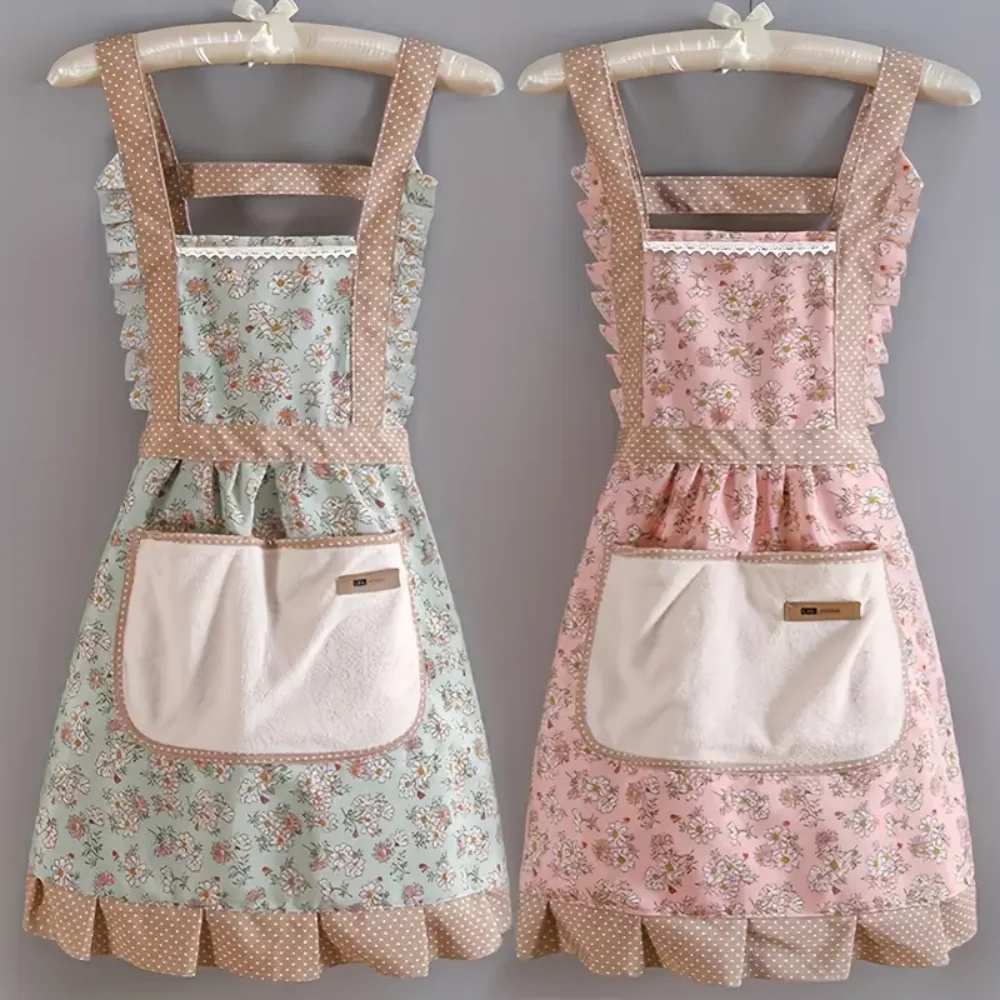 

2pcs Floral Apron With Ruffle For Women Lady Cotton Apron Polka Dot Waterproof Cute For Kitchen Cooking Home Baking
