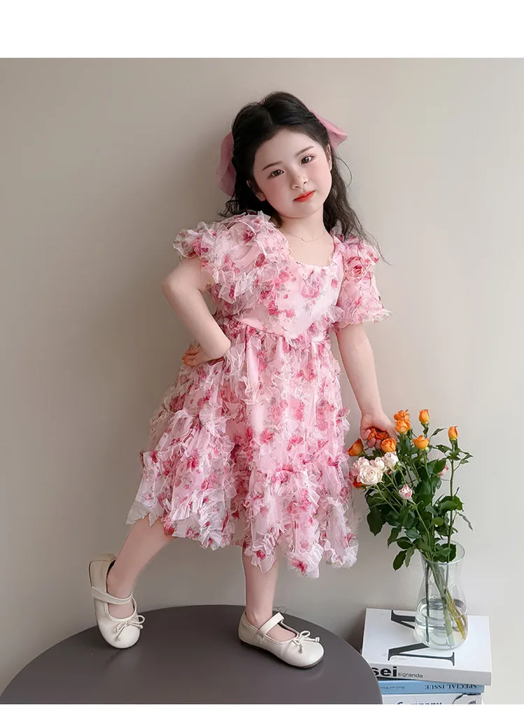 

2026 New Baby Summer Girls Pink Printed Dress, Princess Kids Sweet Fashion Party Dress 2-7T