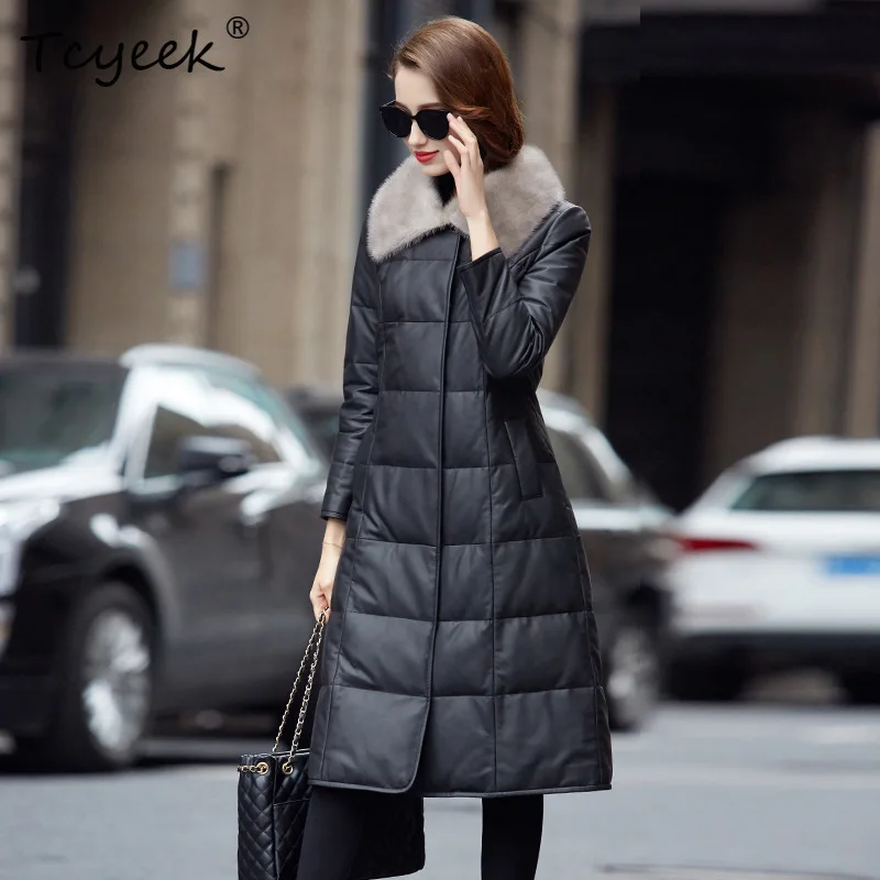 Tcyeek Real Sheepskin Down Jacket Women Mid-length Mink Fur Collar Slim Fit Jackets for Women Winter Coats Women 2026 New Casaco