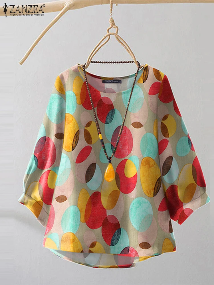 ZANZEA Vintage Polka Dot Blouse Fashion Summer 3/4 Sleeve Tops 2025 New Irregular Hem Round Neck Shirt Chic Holiday Colorful TOP