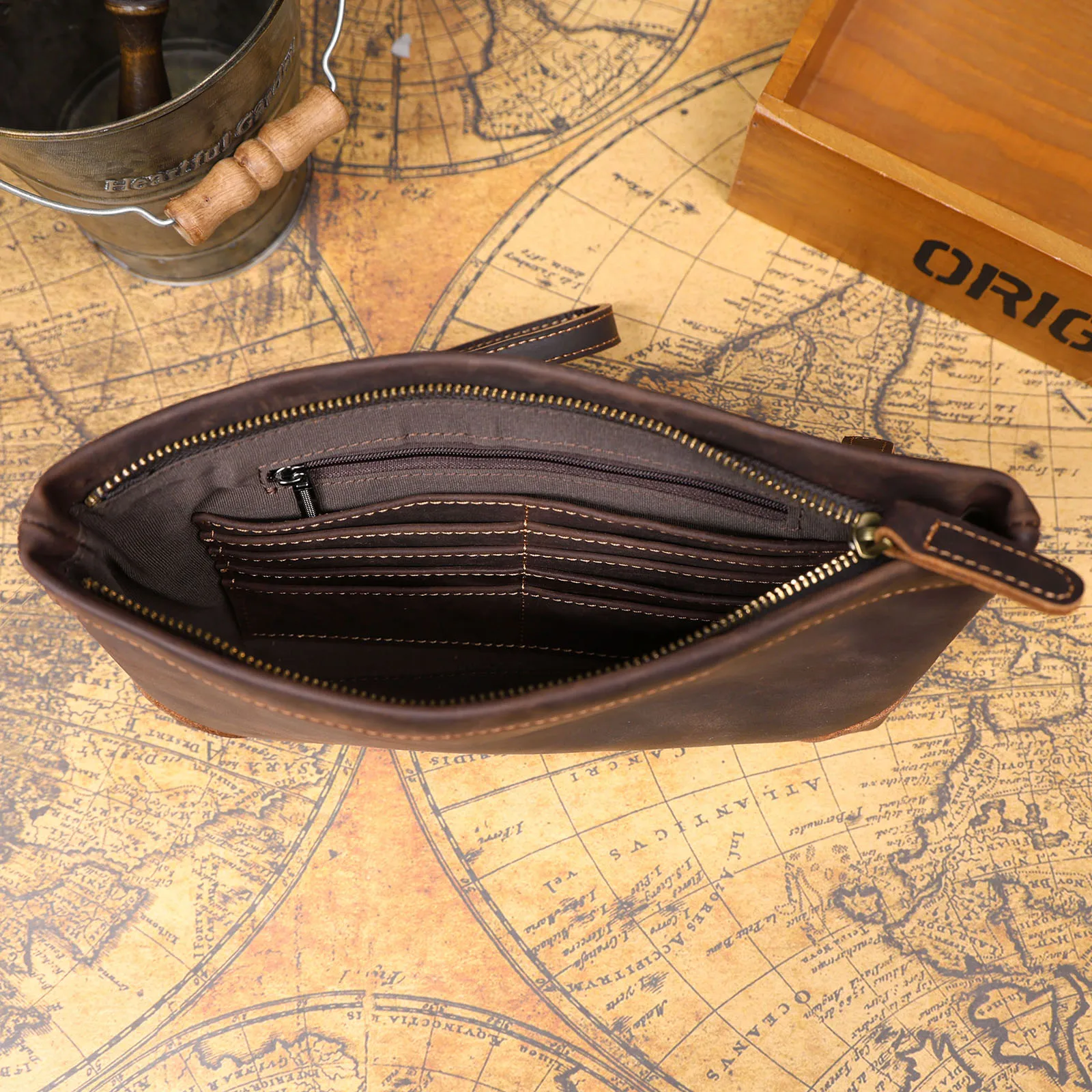 S.WORKER Vintage Echtleder Herren-Clutch-Tasche Lange Geldbörse für Männer Erstschicht-Leder-Portemonnaie Retro-Kartenhalter Handyhalter – Detail 13