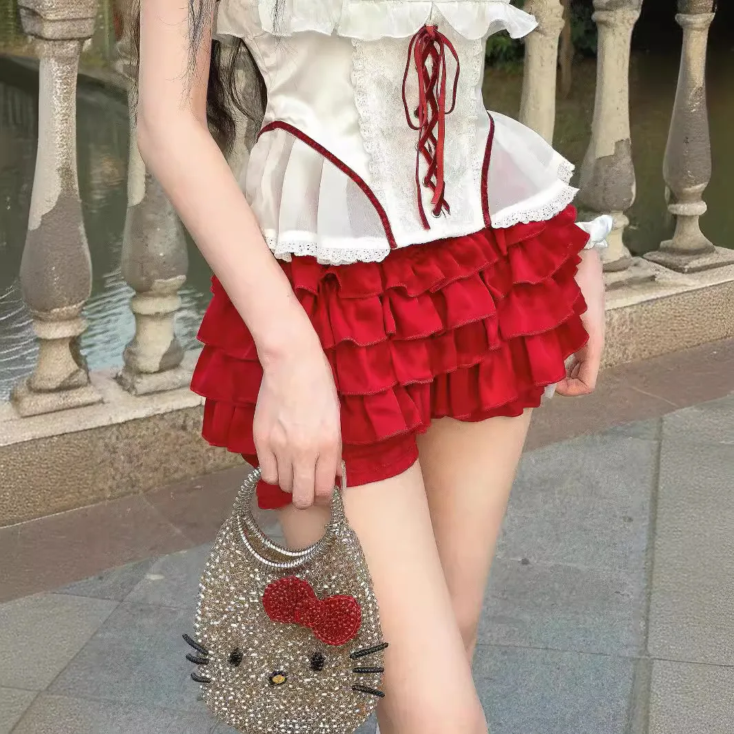 Sweet and hot-selling cream doll real acetate satin lace bubble shorts retro style