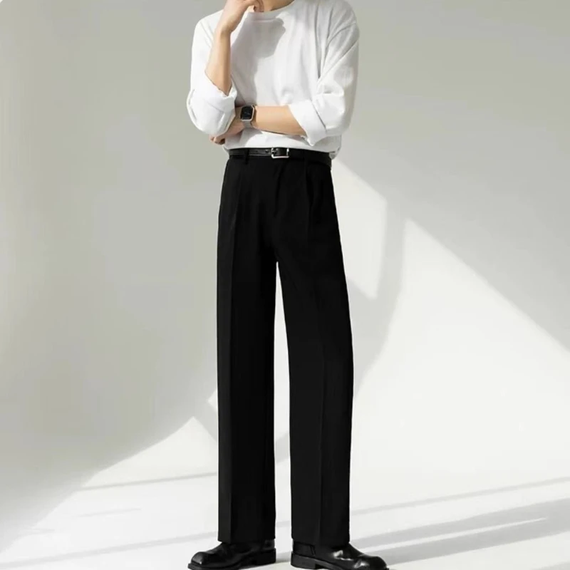 Men's Black Wide Leg Dress Pants Korean Style Loose Straight Fit Trousers Elegant Drape Casual Vintage Trendy