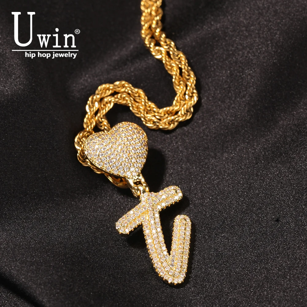 Uwin Intial Name Necklace Brush Letters With Heart Bail Brush Cubic Zirconia Jewelry Charm Hip Hop Drop Shipping 