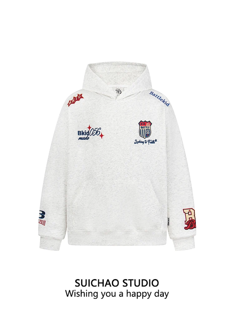 

Suichao American Retro Embroidered Bae Hoodie ex Casual Loose Couple Sweatirt Youth ular Long Sve Thermal Hat