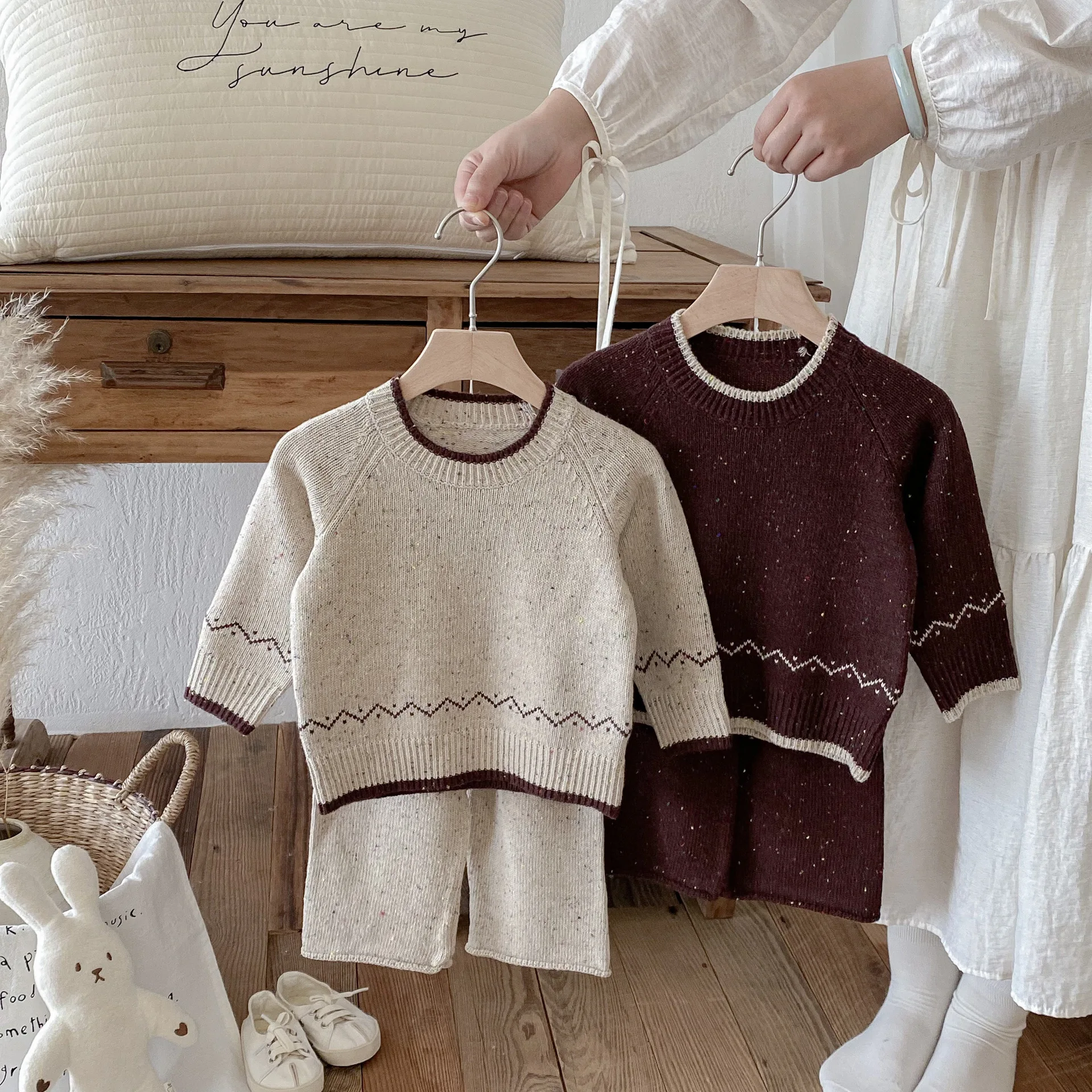 2025 Autumn Winter Kids Knit Sweater Set Korean Style Boys Girls Long Sleeve Jumper Pants Two-Piece Outfits Children 1-7 Years