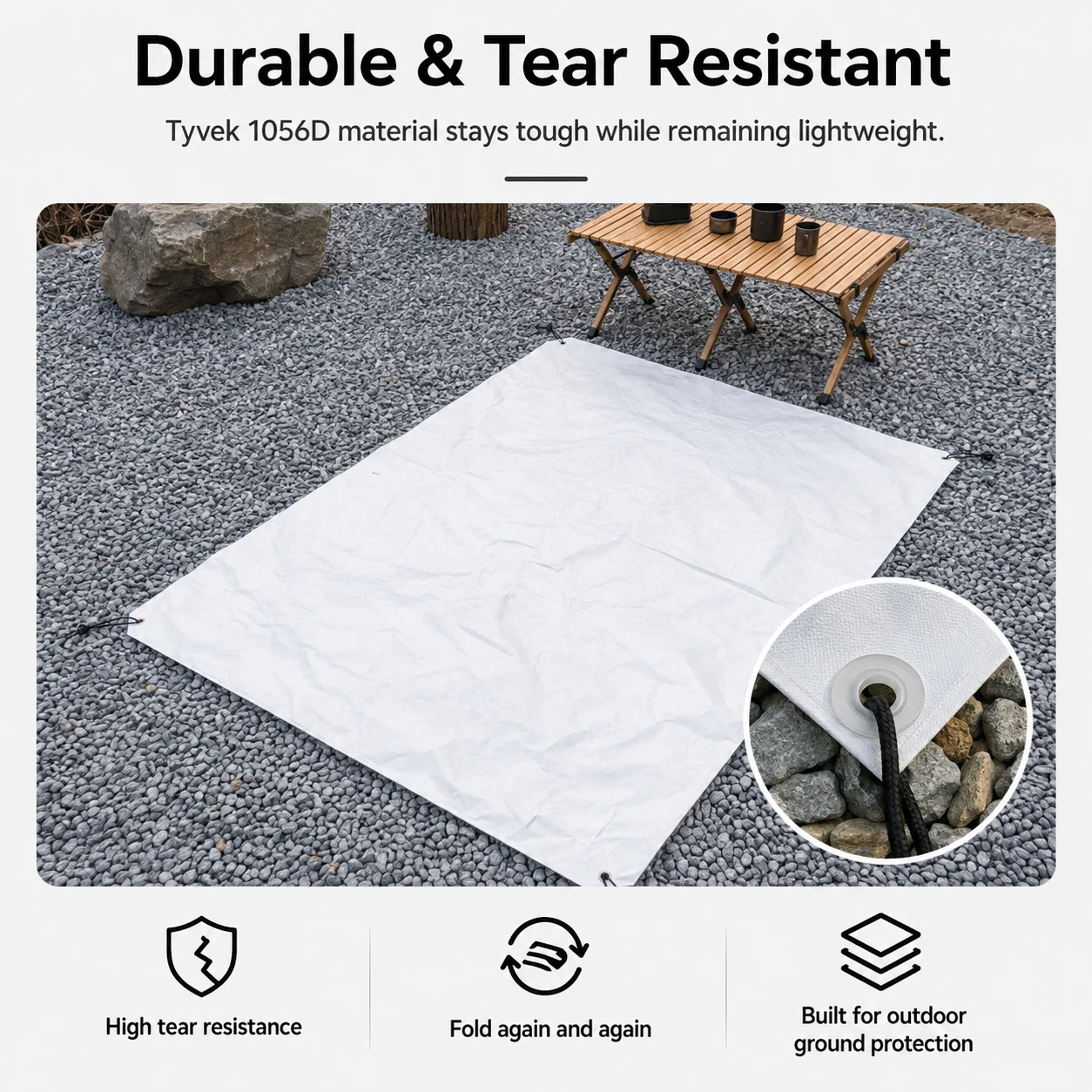 1056D Tyvek Camping Ground Sheet 55g/㎡ Ultralight Waterproof Tent Footprint Tear Resistant Foldable Picnic Mat with Guy Lines