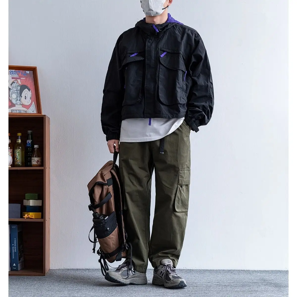 Men Hooded Cropped Outdoor Jacket Loose Contrast Color Multi Pocket Windproof Short Coat Japanese Streetwear Workwear Casual Out