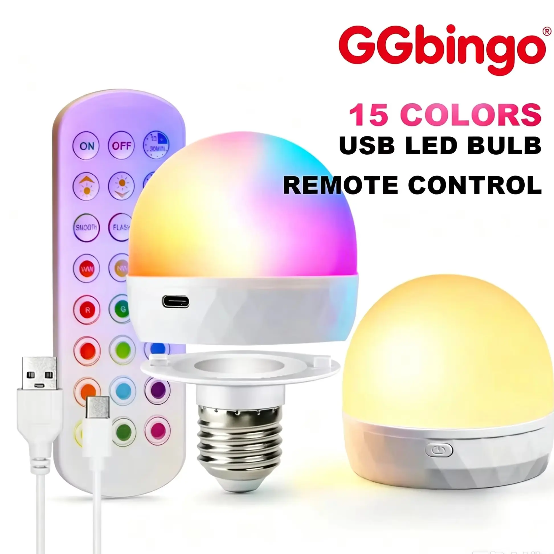 GGbingo Rechargeable LED Smart Bulb E27 with USB Control Color Temperature 15 Brightness Levels RGB Timer Function And Remote