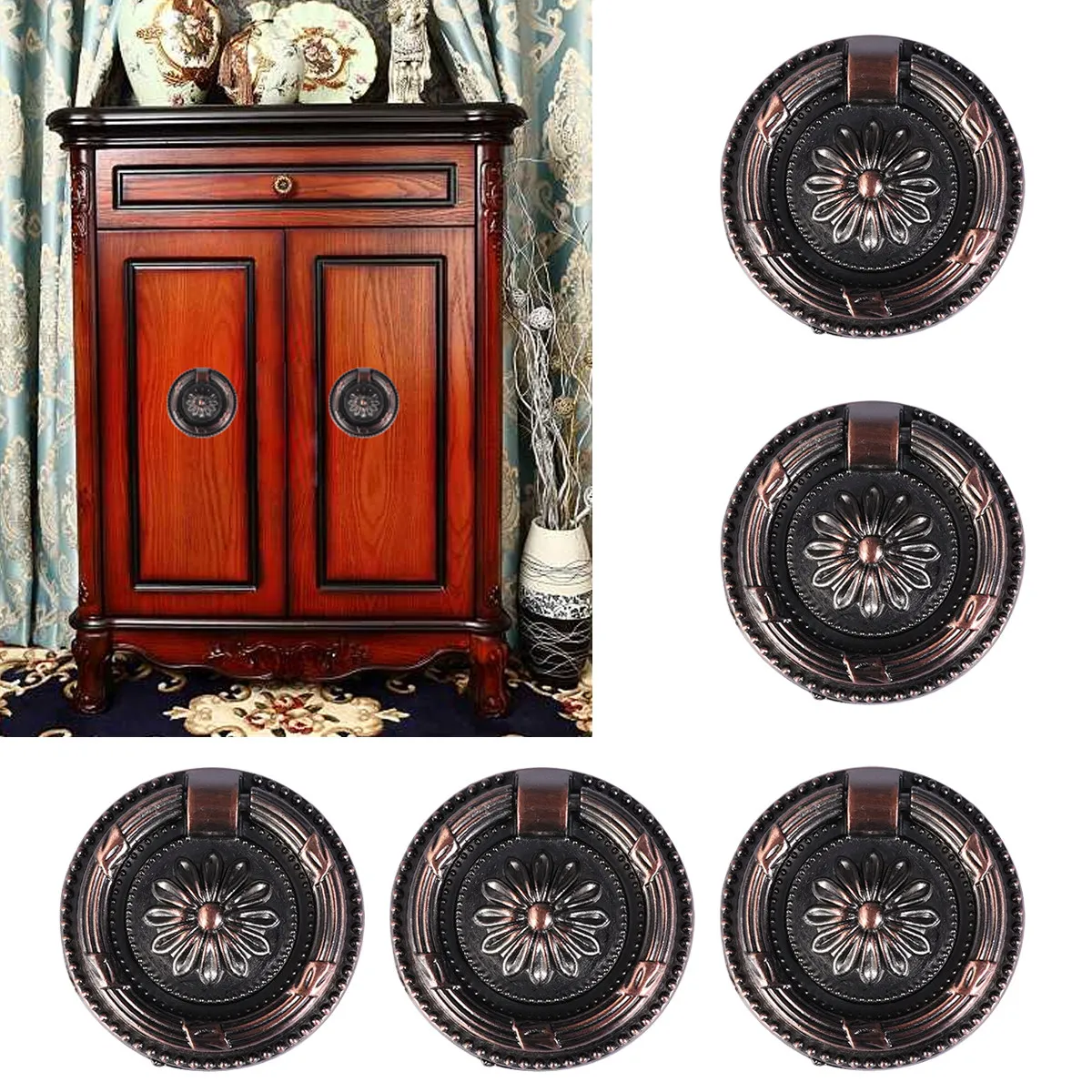 

10Pcs Zinc Alloy Kitchen Cabinet Drawer Pull Ring Handle Brass Hanging Knob Easy Install for Cupboard Chest Furniture