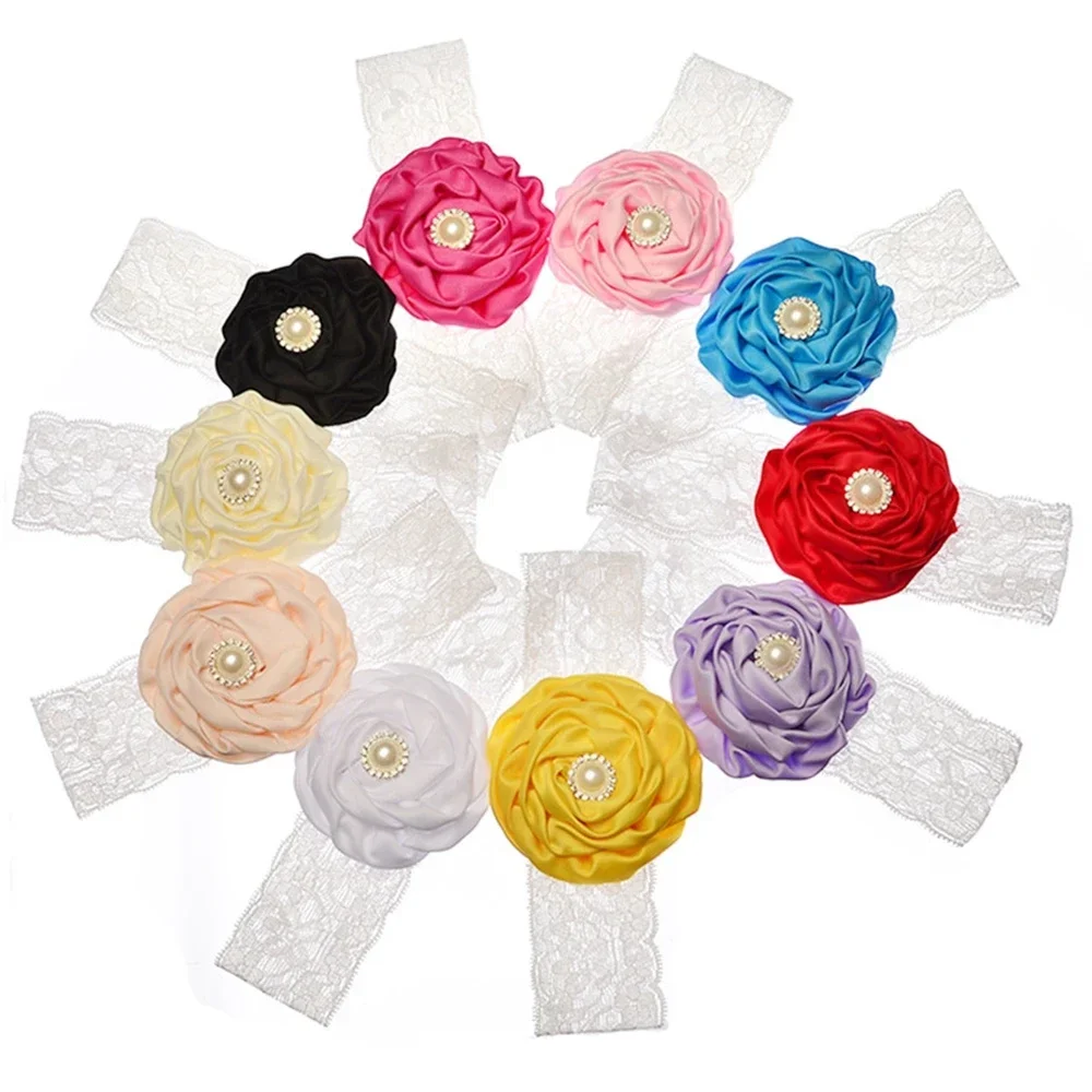 1PCS Baby Girls Rose Flower Headband with Pearl Rhinestone Center Elastic Lace Newborn Infant Hairband Kids Accessories
